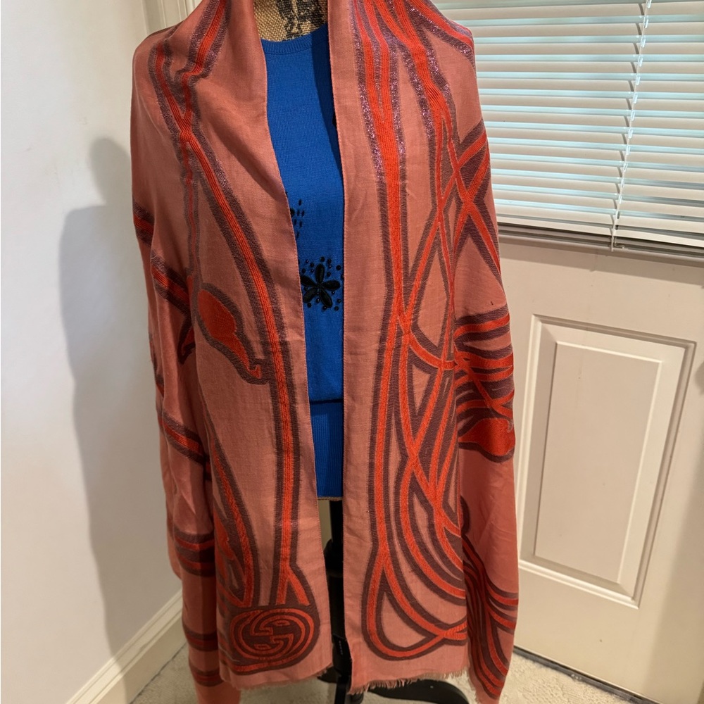 Gucci Pink and Red Graphic shawl roughly 28”x82”